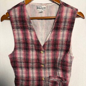 Balistik Wear Juniors Pink Gray Plaid Vest 100% Cotton Button Front